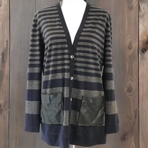 Ann Taylor Blue Gray Striped Long Sleeve Faux Leather Pocket Cardigan Size Large